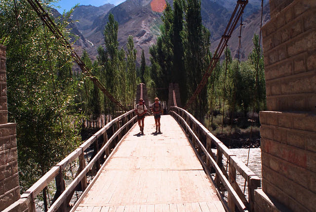 Crossing the suspension bridge on the way to Yasin, Pakistan.
