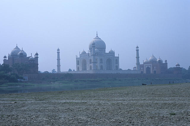 The Taj Mahal from across the Yamuna River.