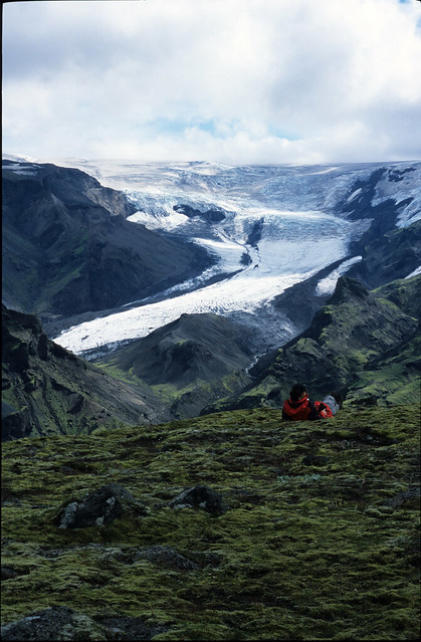 View from Mornisheithi to the Myrdalsjokull ice cap, Iceland.